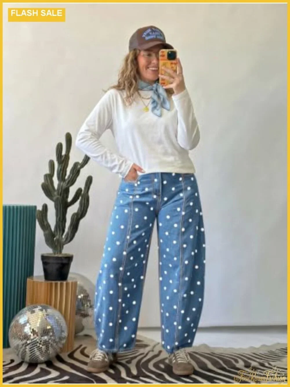 Polka Dot High Waisted Wide Leg Denim Jeans